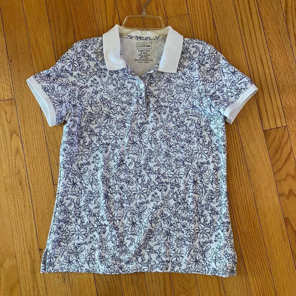 LL Bean White Collar White Polo Women's Shirt with Navy Blue Flowers Print